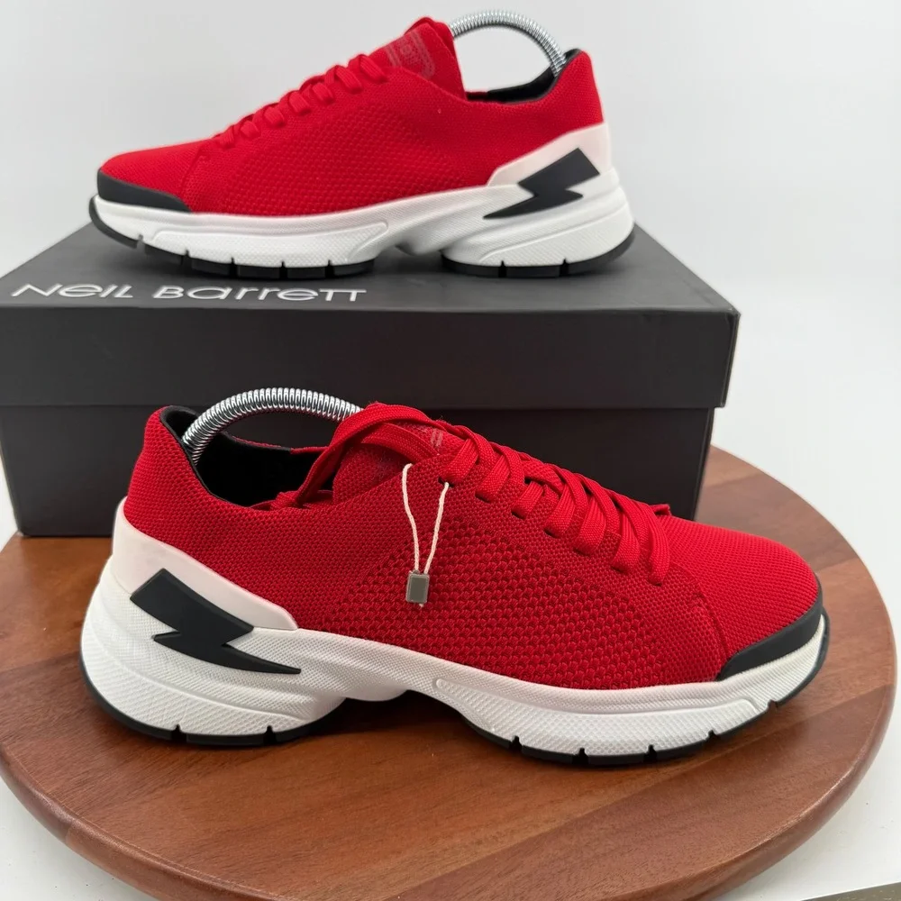 Neil Barrett Red Knit Lightning‎ Bolt Sneakers 091C26F1 Mens Size EU 41/US 8 NEW